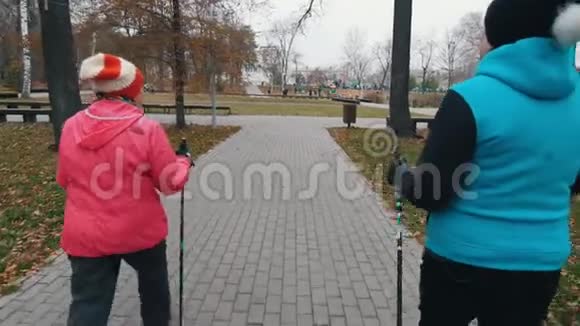 两位老年妇女在北欧人的人行道上散步视频的预览图