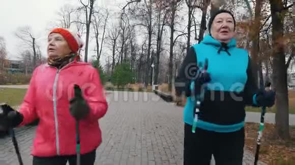 两个老女人走在北欧的树枝上走在人行道上视频的预览图
