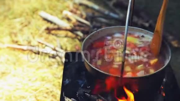 一个木勺用食物搅拌食物是在一个站在火上的锅中煮熟的视频的预览图