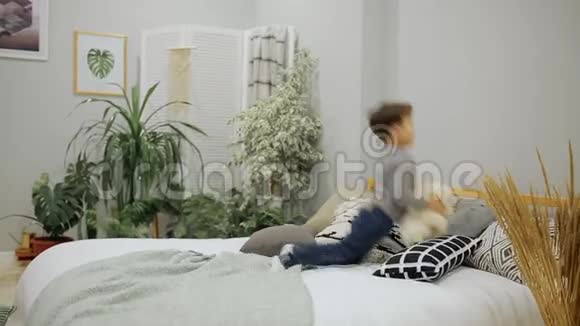 5岁到7岁的男孩穿着蓝色牛仔裤和灰色毛衣在父母的床上高兴地跳起来视频的预览图
