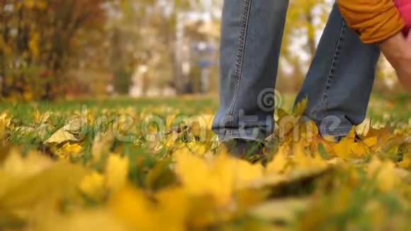 爸爸把小女儿抱在怀里教你在公园的路上走着金色的秋天的枫叶视频的预览图