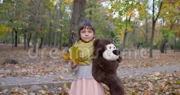小女孩带着泰迪熊和黄叶在秋天公园散步在户外玩玩具视频的预览图