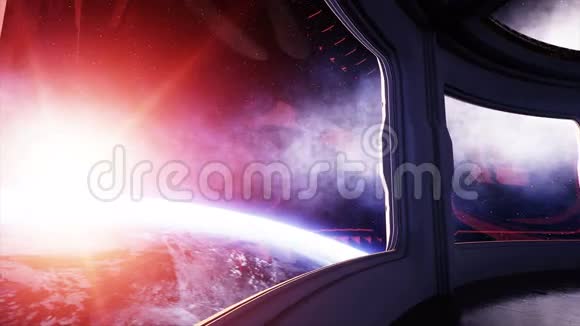 太空船未来主义的内部斯奇菲房间俯瞰地球美妙的日出空间概念视频的预览图