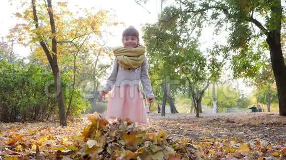 美丽的孩子把黄色的叶子扔到空中在秋天的公园里享受大自然的背光视频的预览图