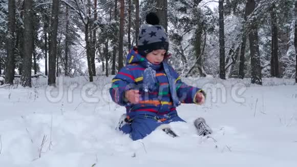 一个孩子正在冬天森林的背景上玩雪视频的预览图
