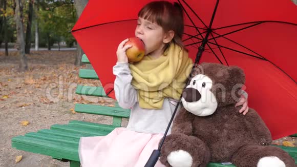 小孩坐在靠近一只红色伞下的玩具熊的木凳上在公园里吃大红视频的预览图