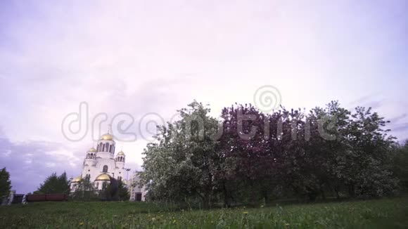 东正教的穹顶环绕着开花的苹果树和绿色的草地宗教概念库存数据视频的预览图