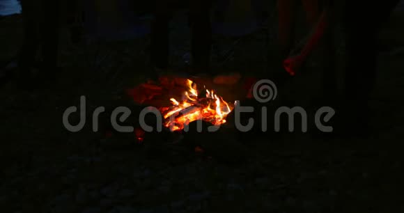 一群徒步旅行者在4k营火附近点燃火花视频的预览图