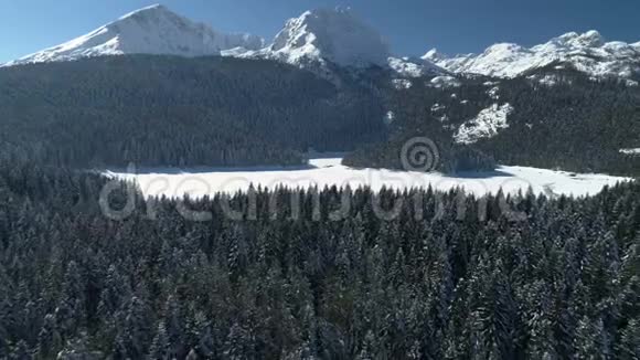 杜米托山国家公园雪覆盖黑湖的冬季鸟瞰图视频的预览图