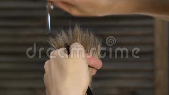 女理发师手牵着手指锁着头发用剪刀修剪头发的尖端4K视频的预览图