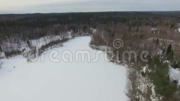 乘着冰冻的水飞越白雪覆盖的湖面飞向森林视频的预览图