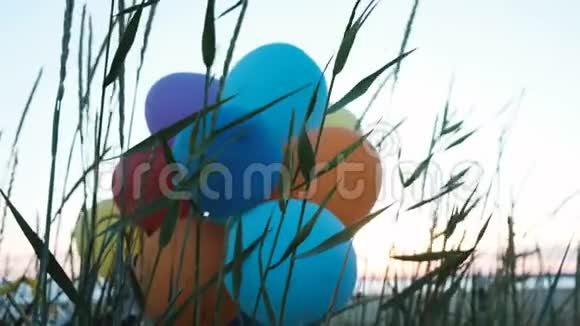 气球被粘在海上的草地上生态与自然污染街头垃圾视频的预览图