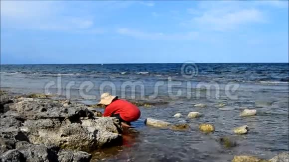 在海滩上寻找螃蟹的女人视频的预览图