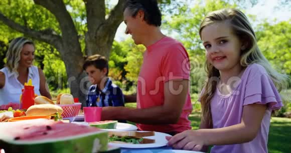 女孩坐在桌子旁和她的家人在公园4k吃晚饭视频的预览图