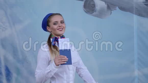 乘务员手持护照持机票在蓝底相机上敬礼视频的预览图