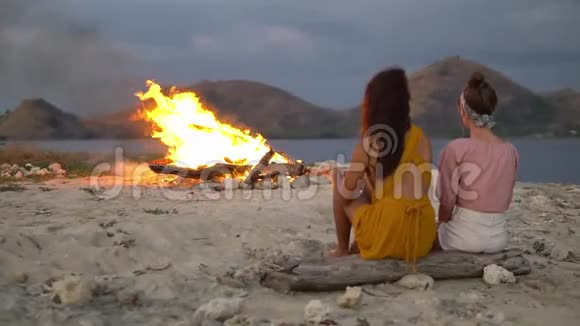 夏日的夜晚在海边的沙滩上明亮的炉火燃烧着两个朋友坐在原木上梦见爱情视频的预览图