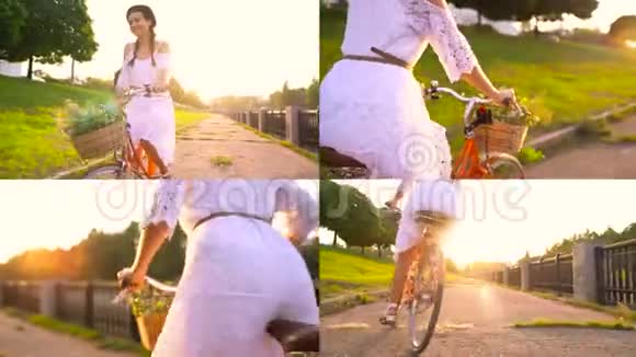 在一个视频中有4个日落时骑自行车的年轻美女视频的预览图