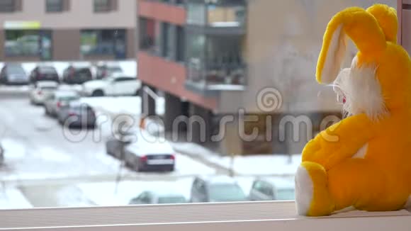 黄色玩具小兔子坐在窗台上雪花飘落视频的预览图