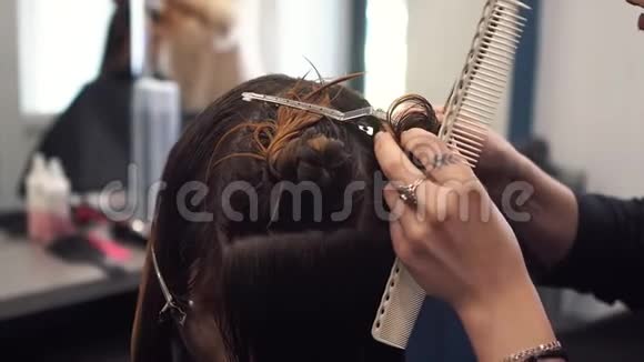 漂亮的女人梳湿头发发型师在沙龙里刷女人的头发美容师为顾客服务专业人员视频的预览图
