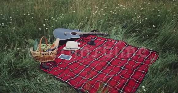 一条野餐毯配有一个食物篮吉他片和照相机视频的预览图
