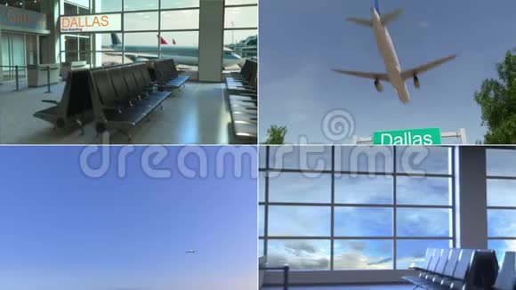 去达拉斯的旅行飞机抵达美国概念蒙太奇动画视频的预览图