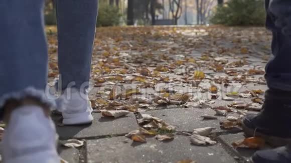 在日落时分女人和男孩的腿紧紧地走在秋天的公园里视频的预览图