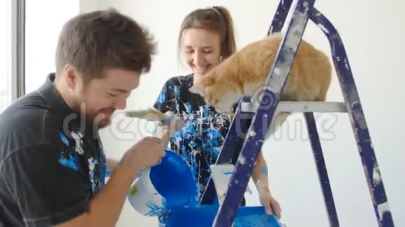 新房地产的概念一对年轻夫妇在他们的新房子里画猫并装修房间视频的预览图