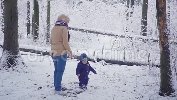 快乐的一岁男孩和他的母亲在冬天的森林里玩耍视频的预览图