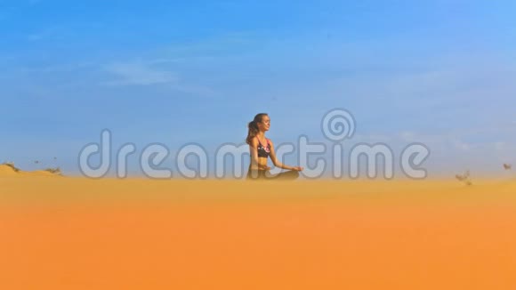 天空背景下的沙滩上的风吹女孩的头发视频的预览图