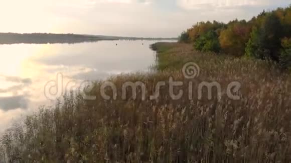 俯瞰壮丽的秋江岸完整的自然和童话般的景观视频的预览图