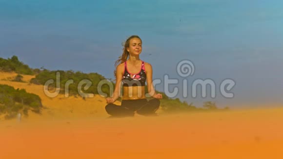 蓝天下金色沙丘上的荷花筒金发女郎视频的预览图