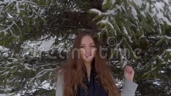 雪花飘落在美丽的女孩脸和长发在缓慢的运动白雪皑皑的年轻美女画像视频的预览图