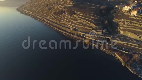日落日内瓦湖海岸带着痕迹的葡萄园瑞士鸟瞰图视频的预览图