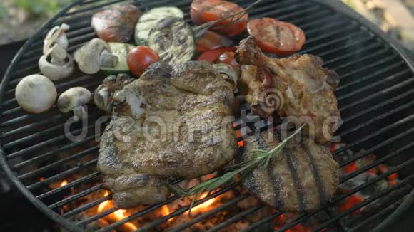 在烤架鸡腿牛排和烤架上搭配各种肉类和蔬菜视频的预览图