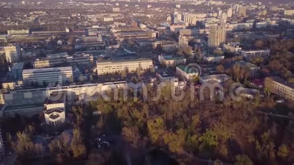 图片空中4k无人机飞行在平静的小城市景观与镜面湖公园日落视频的预览图