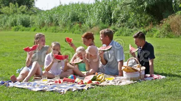有四个孩子的男人和女人一起野餐视频的预览图