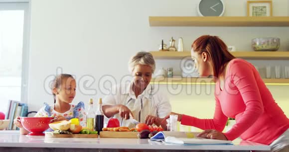 妈妈在看食谱奶奶和孙女在切菜视频的预览图