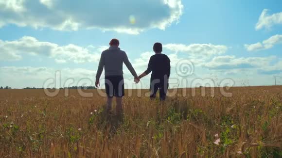 一个年轻人和一个女孩牵着手走在一片麦田里视频的预览图