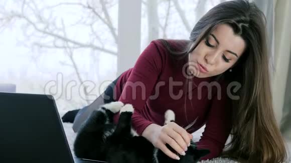 在大窗户的背景下快乐的女孩与躺在笔记本电脑附近的猫玩耍视频的预览图