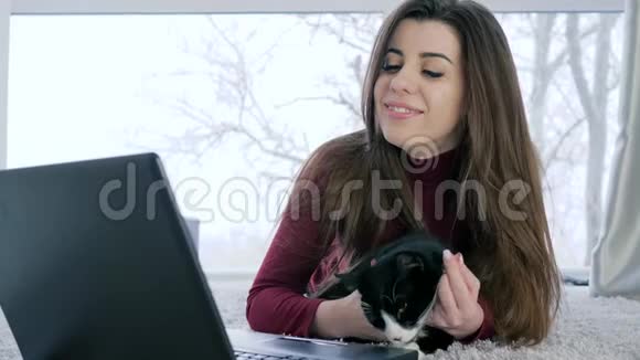 孤独的女人与家兽的闲情逸致用笔记本电脑上网视频的预览图