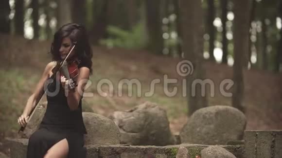 优雅的小提琴手具有灵感穿裙子的女孩在森林里拉小提琴视频的预览图