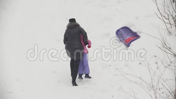 妈妈和她的小女儿在冬天的公园里雪橇视频的预览图