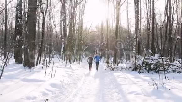 冬季森林年轻人和女人在早晨的树林里跑步阳光明媚视频的预览图