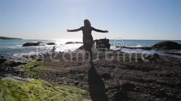女人在海滩上追逐海鸥海鸥飞走了视频的预览图