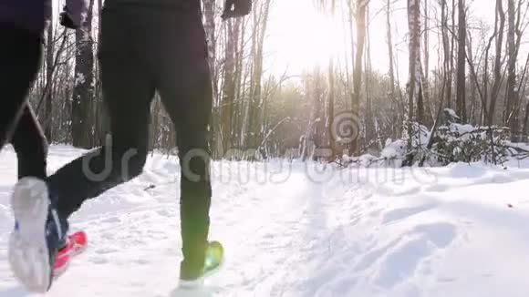 冬季森林年轻人和女人在早晨的树林里跑步美丽的阳光视频的预览图