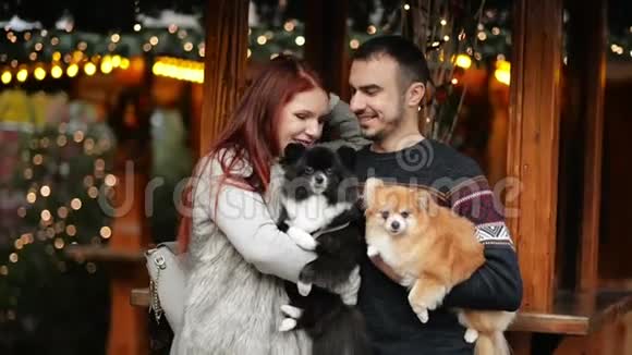 年轻夫妇在圣诞节的时候在户外玩他们抱着可爱的狗新年快乐概念视频的预览图