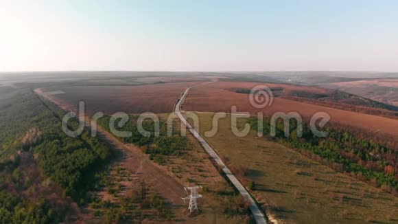 地平线上树木和田野的空中景色电影色调无人驾驶飞机飞过沥青路面美丽的秋天视频的预览图