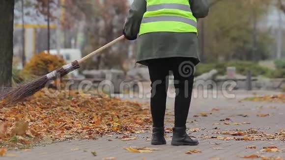 女清洁工扫秋公园低收入工作没有生活前景视频的预览图