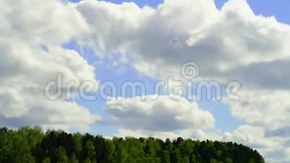 用泛摄像机延时云彩在一片蓝天的绿树上移动景观视频的预览图