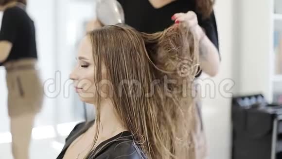 女性的手干了一个年轻女孩的长发在美容工作室里用吹风机视频的预览图